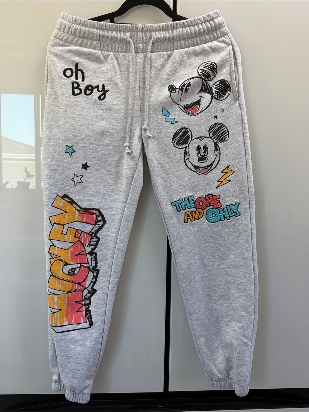 Disney Grey Sweat Joggers with Colorful embroidered Mickey Graphics